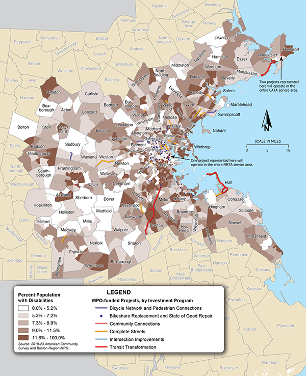 Figure 5-4 shows the percent of people with disabilities in Boston region Census tracts, overlaid with MPO-funded projects in the TIP.